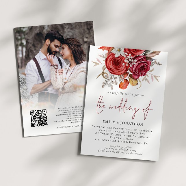 Invitation Boho Automne Florals Photo QR Code Mariage (Front and back view)