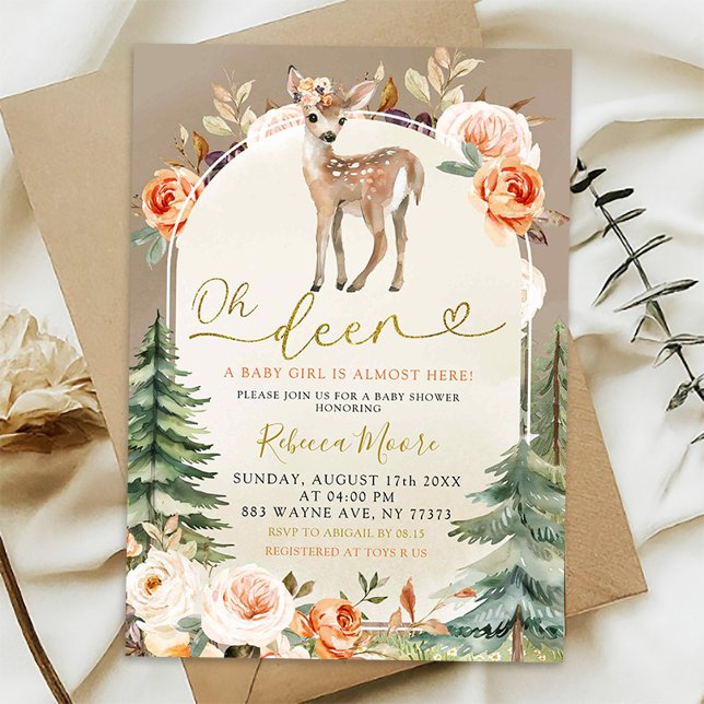 Invitation Boho Automne Oh Deer Girl Woodland Baby shower (Créateur téléchargé)
