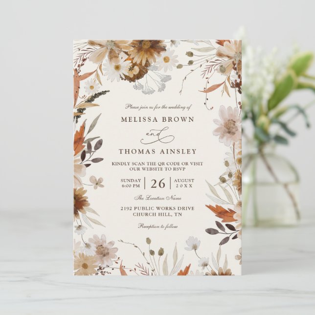 Invitation Boho Autumn Wildflower Beige QR Code Wedding (Debout devant)