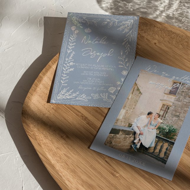 Invitation Boho Azure Blue Floral Botanical Photo Fun Wedding (Créateur téléchargé)