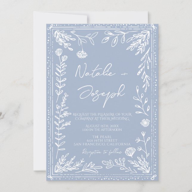 Invitation Boho Azure Blue Floral Botanical QR Code Wedding (Devant)
