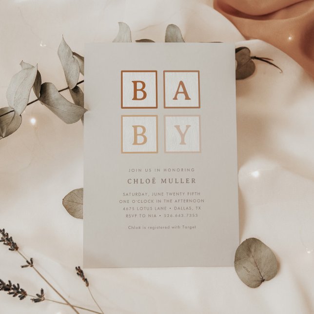Invitation Boho Baby Blocks Simple Modern Terracotta | (Créateur téléchargé)