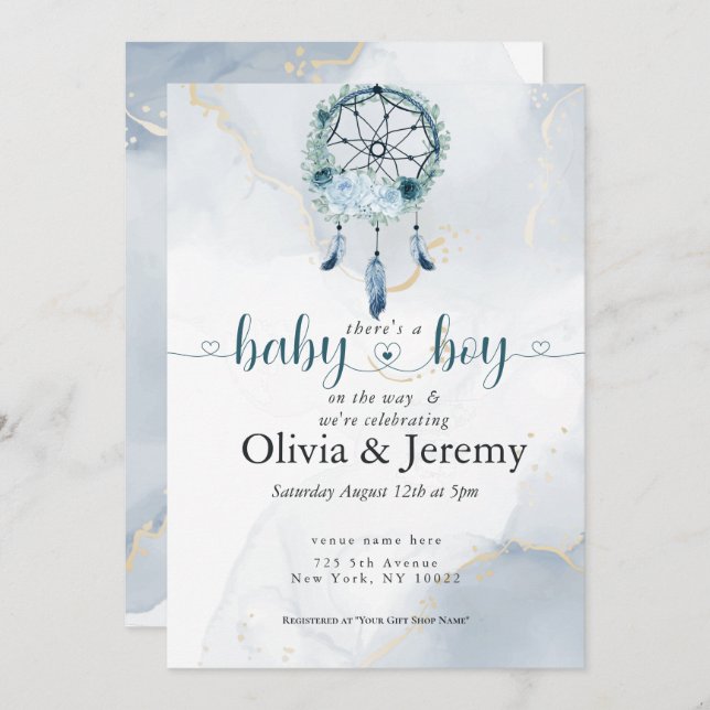 Invitation BOHO Baby BoyTeal et Dusty Blue Dreamcatcher (Devant / Derrière)