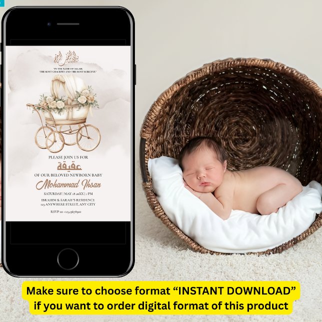 Invitation Boho Baby Carriage Aqiqah Unisex Musulman Nouveau- (Créateur téléchargé)