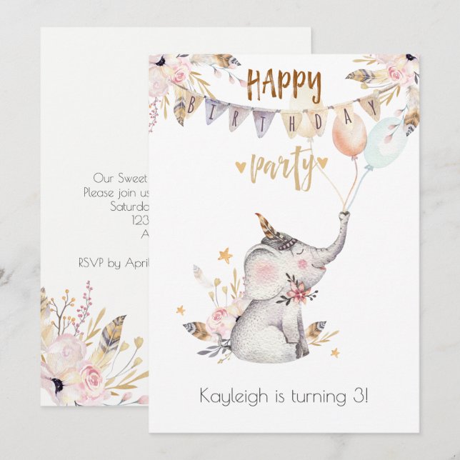 Invitation Boho Baby Elephant Little Girl's Birthday Party (Devant / Derrière)