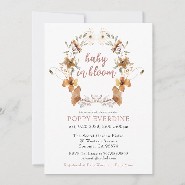 Invitation Boho Baby In Bloom Baby shower Fleur sauvage (Devant)