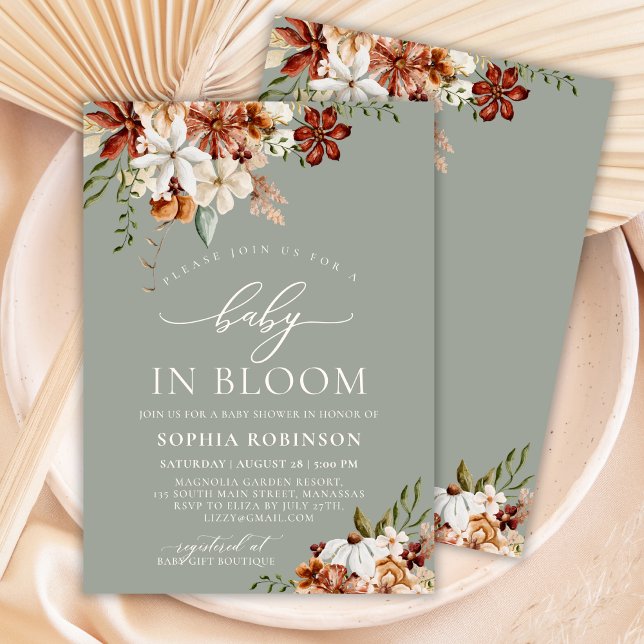 Invitation Boho Baby in Bloom Fleur sauvage Baby shower vert (Créateur téléchargé)