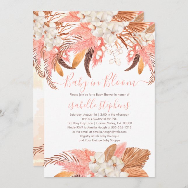 Invitation Boho Baby in Bloom Pampas Rose Baby shower en herb (Devant / Derrière)