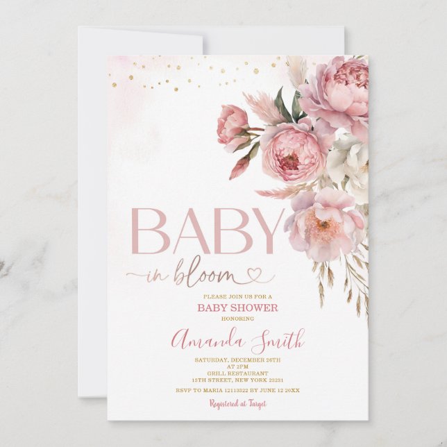 Invitation Boho Baby In Bloom Rose Roses Baby shower (Devant)