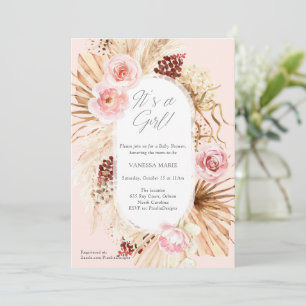 Invitation Boho Baby shower c'est une Girl rose pampas à fleu