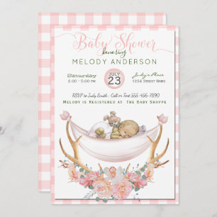 Invitation BOHO Baby shower Coral Hammock Antlers Floral