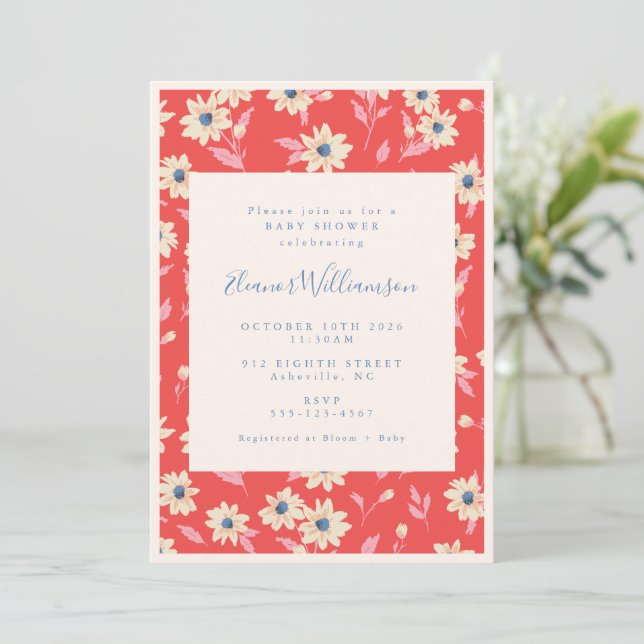 Invitation Boho Baby shower floral rouge et bleu (Debout devant)