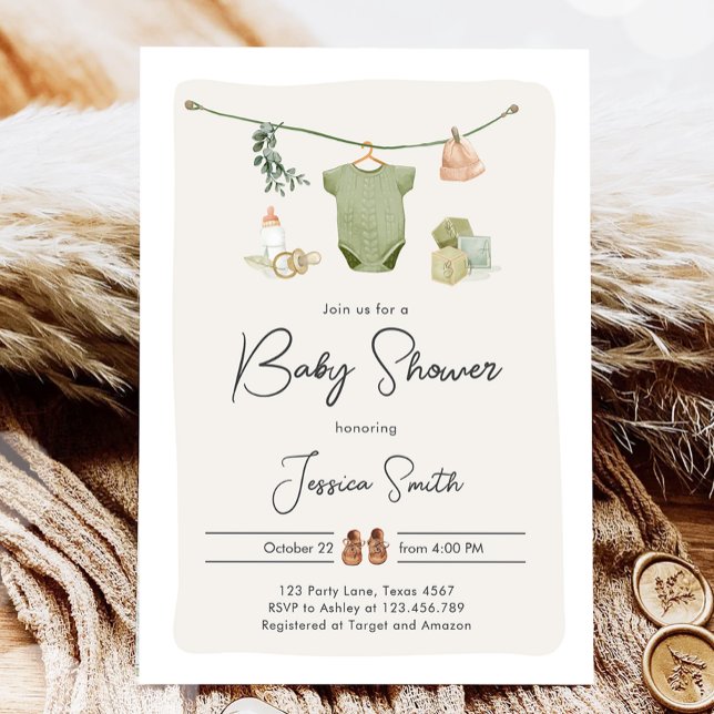 Invitation Boho Baby shower Garçon Vêtements neutres Rustique (Créateur téléchargé)