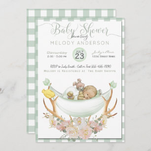 Invitation BOHO Baby shower Green Hammock Antler avec Roses