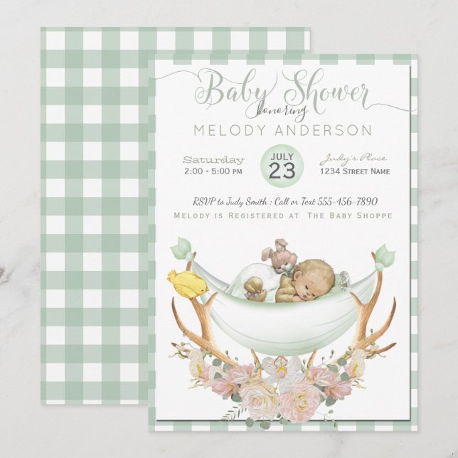 Invitation BOHO Baby shower Green Hammock Antler avec Roses (Devant / Derrière)