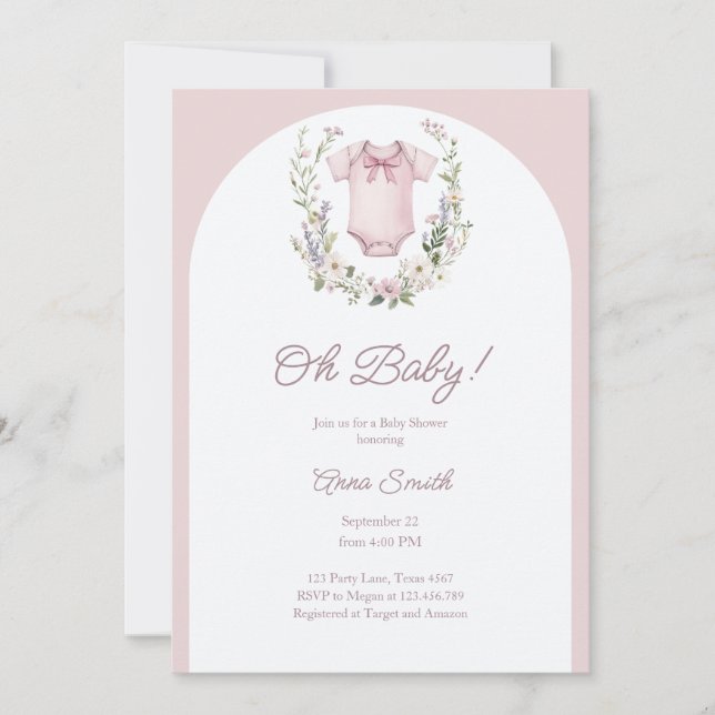 Invitation Boho Baby shower Oh Baby Girl Garland rustique (Devant)