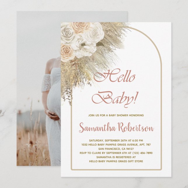 Invitation Boho Baby shower Pampas Grass Photo Botanique (Devant / Derrière)