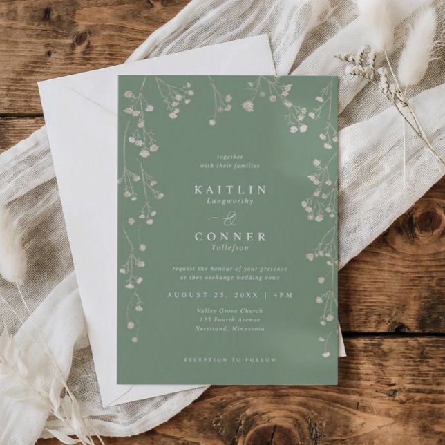 Invitation Boho Baby's Breath Vert Sauge Fleur de la Mariée S (Sage green wedding invite with watercolor baby’s breath and botanical monogram wreath)