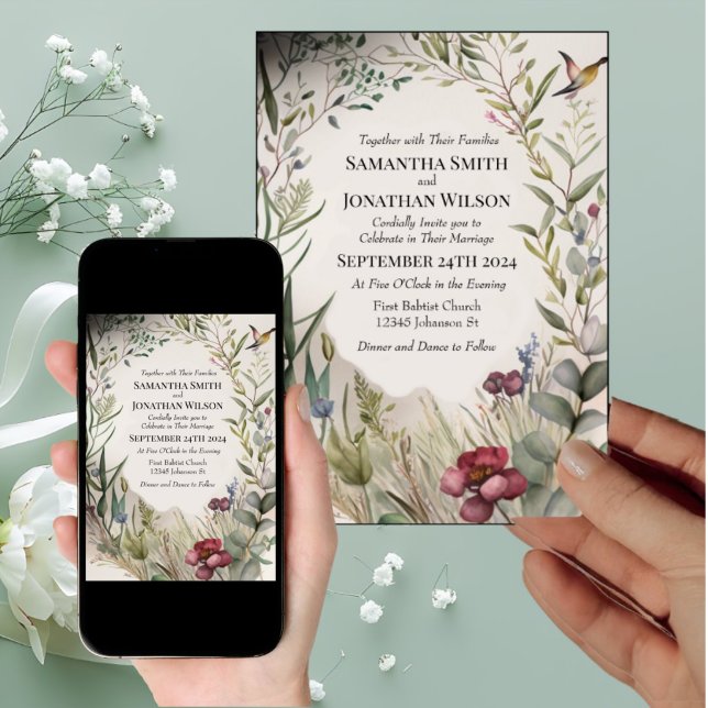 Invitation BOHO Bague de fleurs et branches Mariage (Créateur téléchargé)