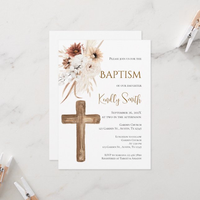 Invitation Boho Baptism (Devant/Arrière en situation)