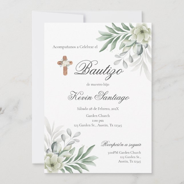 Invitation Boho Baptism Español Invitación floral (Devant)