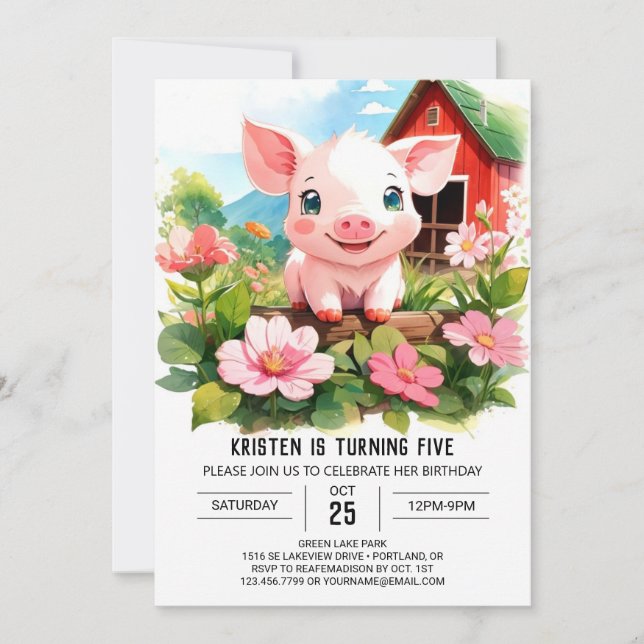 Invitation Boho Barnyard amis Cochon fille anniversaire (Devant)