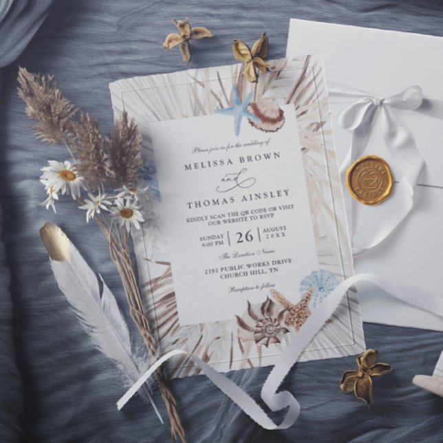 Invitation Boho Beach Sea Watercolor Elegant QR Code Wedding (Créateur téléchargé)