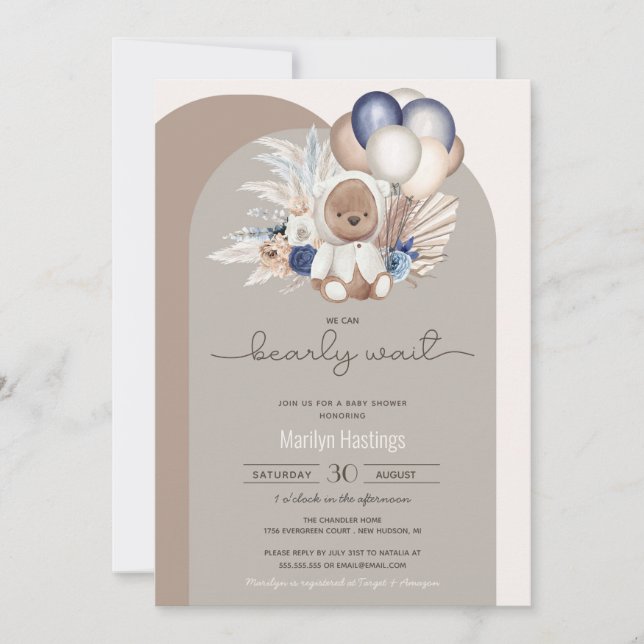 Invitation Boho Bear, on peut attendre Baby shower  (Devant)