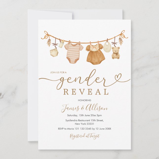Invitation Boho Bear Rustic Baby Clothesline Genre Reveillez (Devant)
