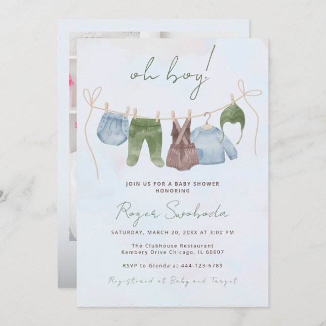 Invitation Boho bébé vêtements doux bébé garçon baby shower (Devant / Derrière)