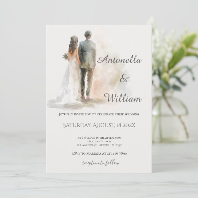Invitation Boho beige avec mariage de mariés (Debout devant)