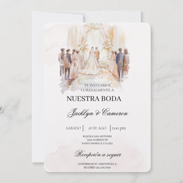 Invitation Boho beige avec mariée Mariage espagnol (Devant)