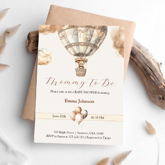 Invitation Boho Beige Bear Hot Air Ballods Baby shower nuages