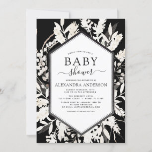 Invitation Boho Beige Black Baby shower botanique