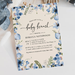 Invitation Boho Beige Bleu Floral Baby Boy Brunch Douche