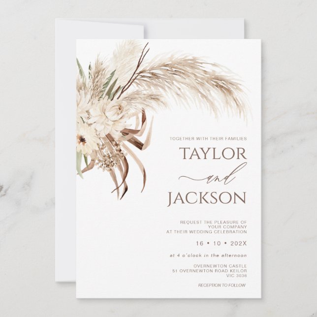 Invitation Boho Beige Brown Floral Pampas Mariage en herbe (Devant)
