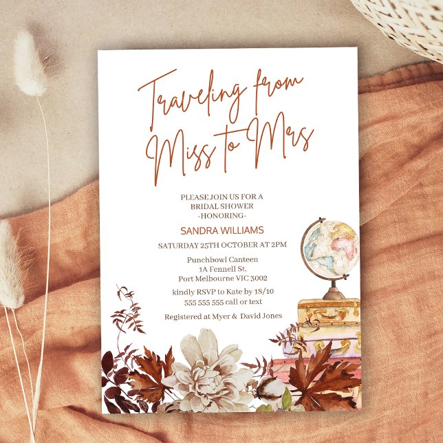 Invitation Boho Beige Fall Voyageurs Mlle Mme Fête des mariée (Fall Traveling From Miss To Mrs Bridal Shower Invitation, Traveling From Miss to Mrs Bridal Shower)