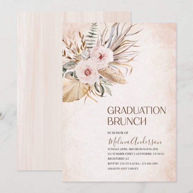 Invitation Boho Beige Fleurs d'aquarelle brunch de graduation (Devant / Derrière)