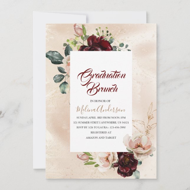 Invitation Boho Beige Fleurs d'aquarelle brunch de graduation (Devant)
