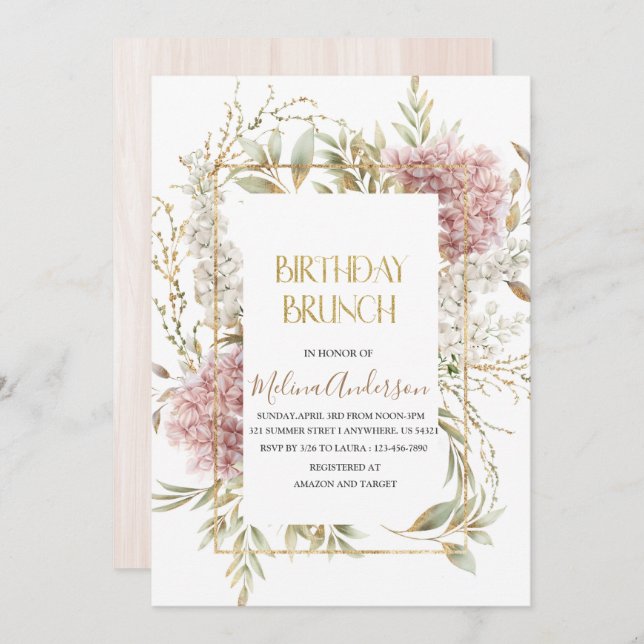 Invitation Boho Beige Fleurs or aquarelle bru d'anniversaire (Devant / Derrière)