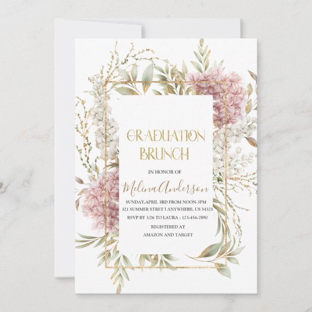 Invitation Boho Beige Fleurs or aquarelle or graduation br (Devant)