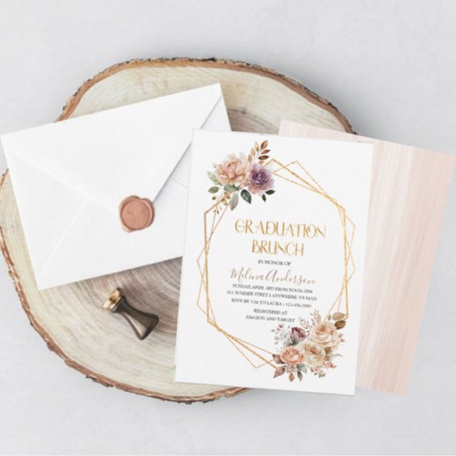 Invitation Boho Beige Fleurs or aquarelle or graduation br (Créateur téléchargé)