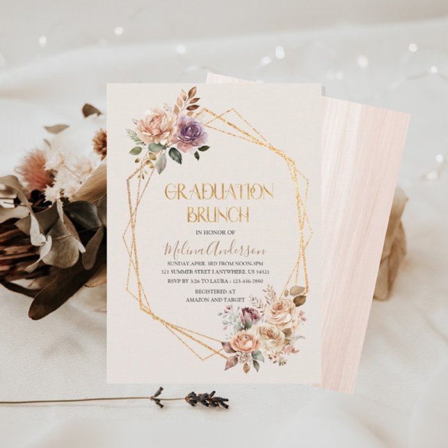 Invitation Boho Beige Fleurs or aquarelle or graduation br (Créateur téléchargé)