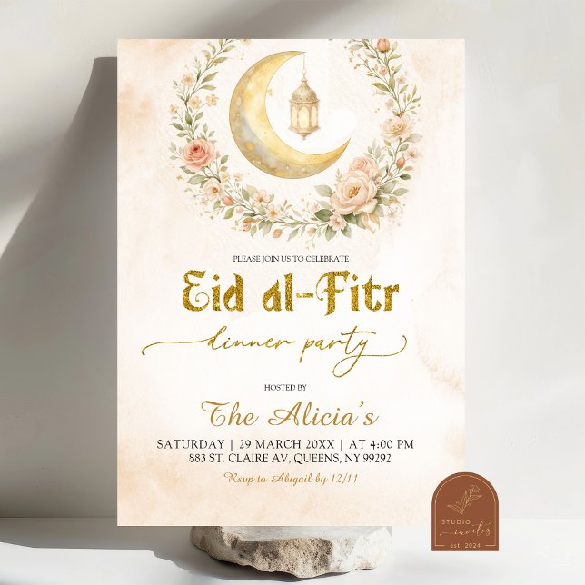 Invitation Boho Beige Floral Croissant Ramadan Eid Al-Fitr (Créateur téléchargé)