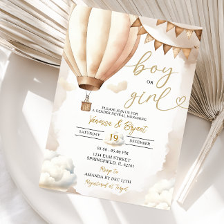 Invitation Boho Beige Montgolfière Fille Garçon Révélation du