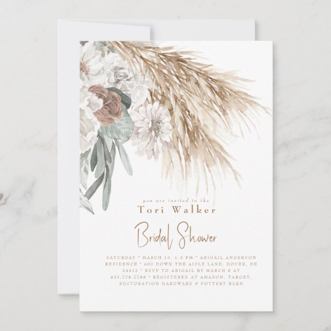 Invitation Boho Beige Pampas Blanc Floral Fête des mariées (Devant)