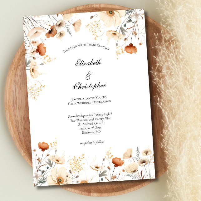 Invitation Boho Beige rouille Fleur sauvage Mariage botanique (Boho Neutral Beige Rust Terracotta Wildflowers Wedding Invitation)
