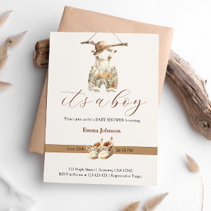 Invitation Boho Beige Tan Brown Blanc Baby shower garçon