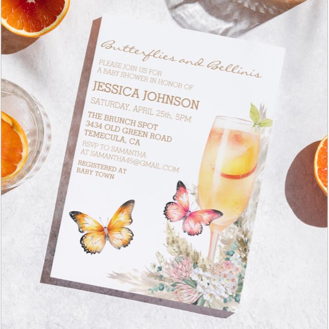 Invitation Boho Bellini & Butterflies Baby shower rose (Créateur téléchargé)