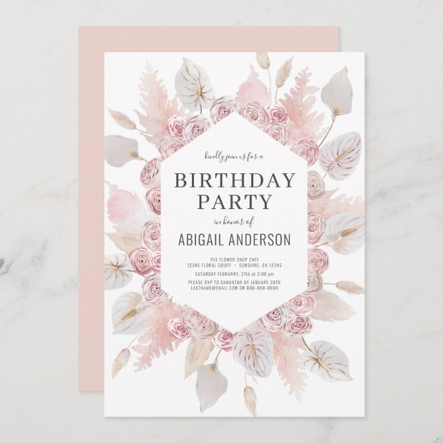 Invitation Boho Birthday Blush Pink N'importe quel groupe d'â (Devant / Derrière)